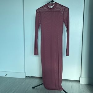 BOZZOLO pink long sleeve mesh maxi dress